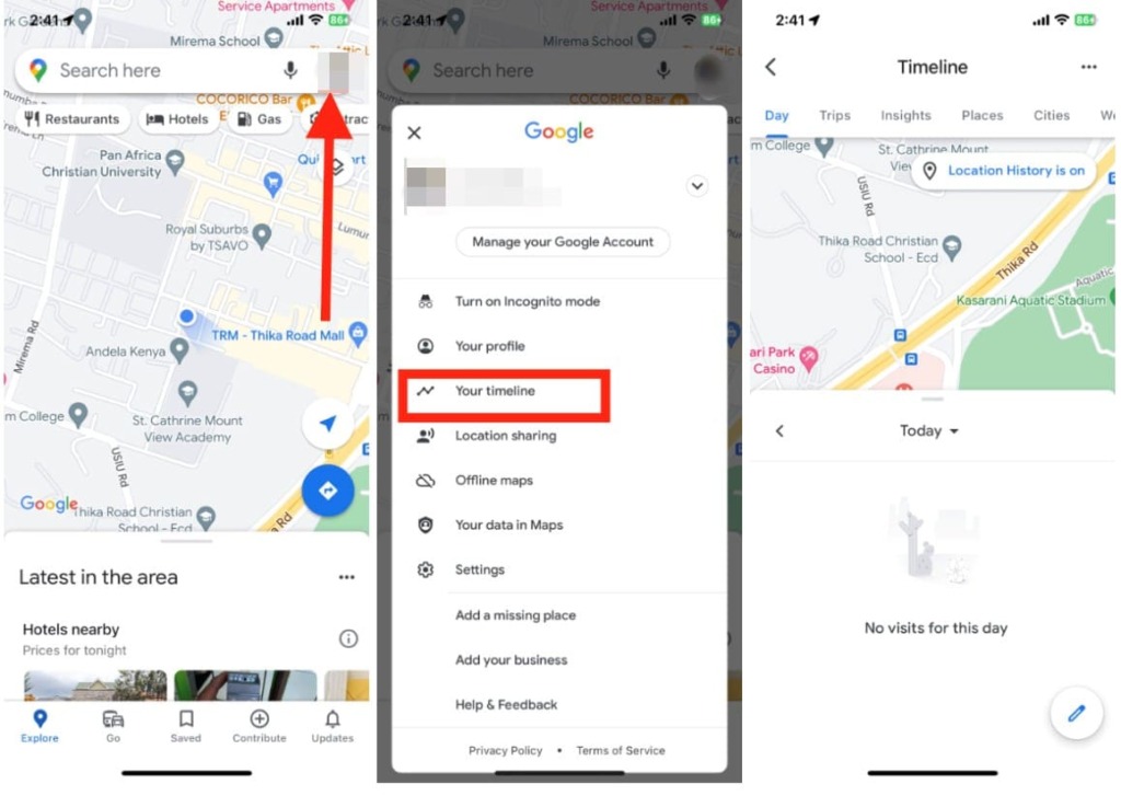 Screenshots of how to track your child's location on google maps and account settings