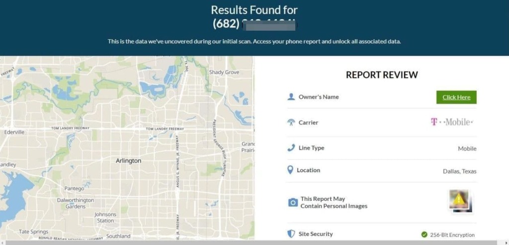 results by found phone number map image and report