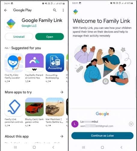 Screenshot of the downloaded Family Link app and its installation