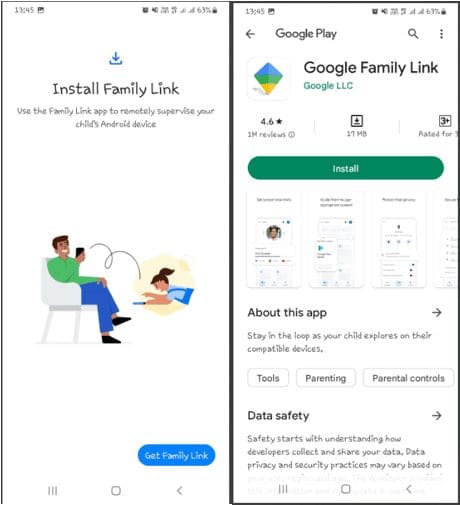 Family Link home page and Google Play installation option