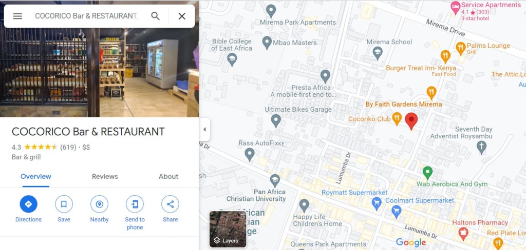 Google Maps showing results of a business search