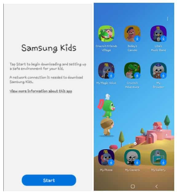 Samsung Kids system on and a cartoon theme for the phone's home screen