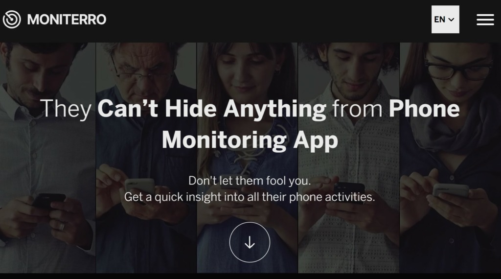 Homepage of Moniterro confidential phone monitoring app with image of people typing something on their phones