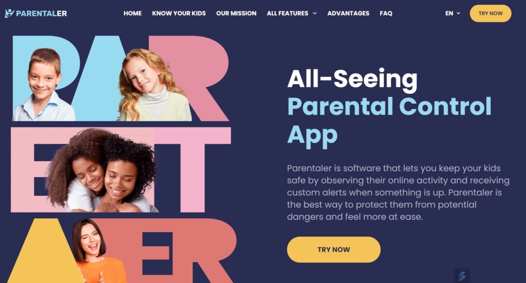 Homepage of Parentaler phone monitoring app with image of kids