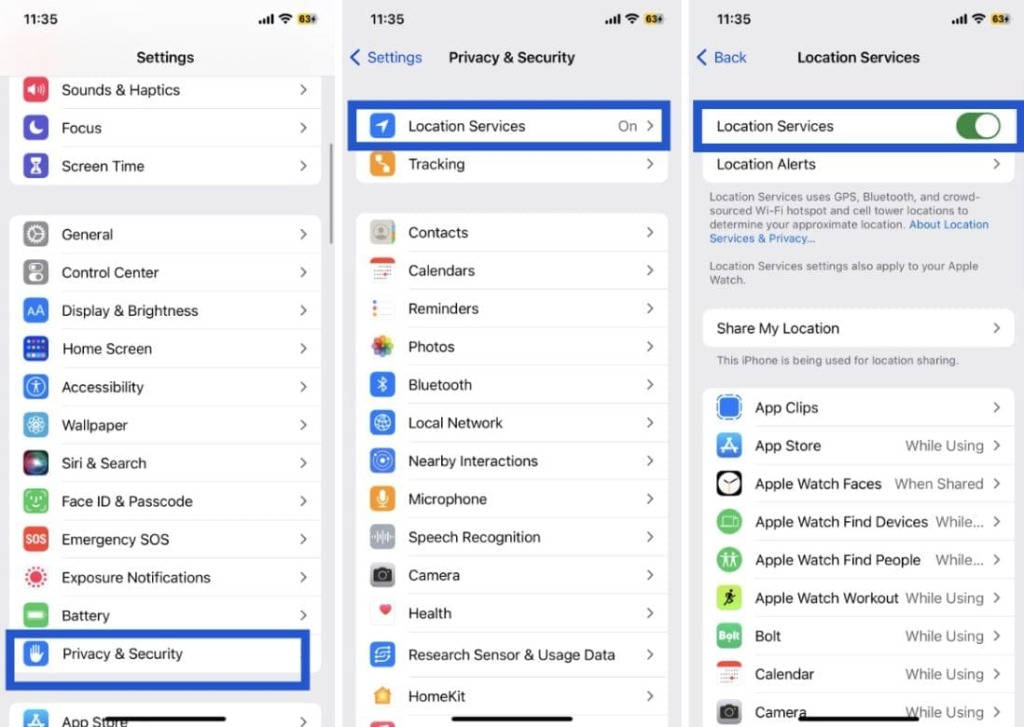 Steps in iPhone settings how to check if iPhone Location Services are on