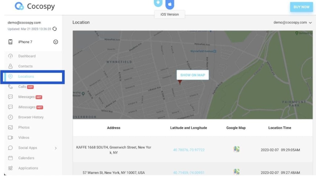 Location feature with map and coordinates on Cocospy dashboard