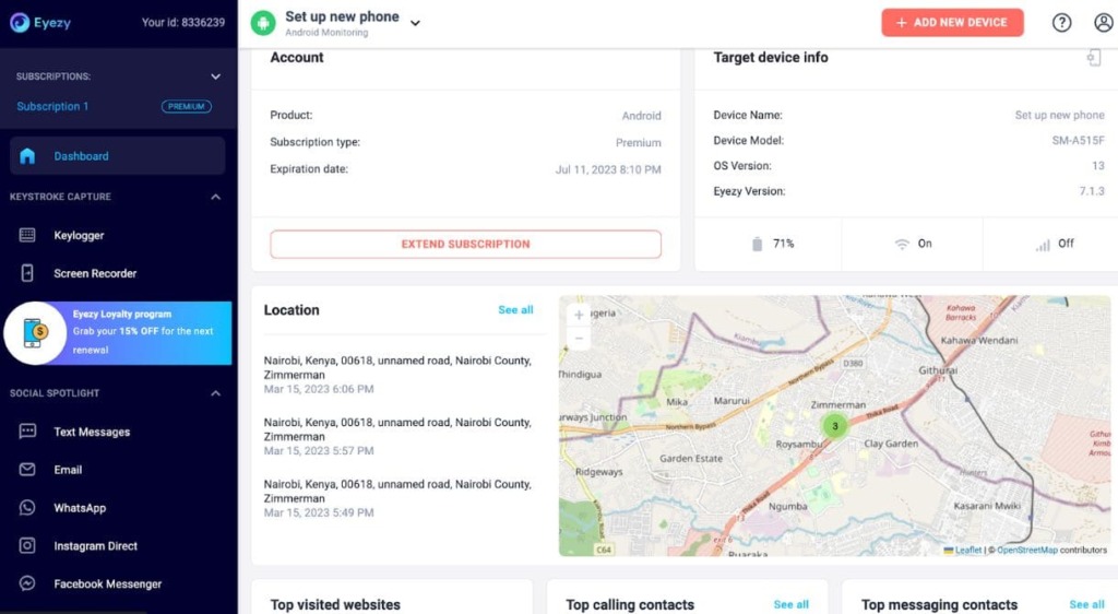 Dashboard of EyeZy web service with location tracking