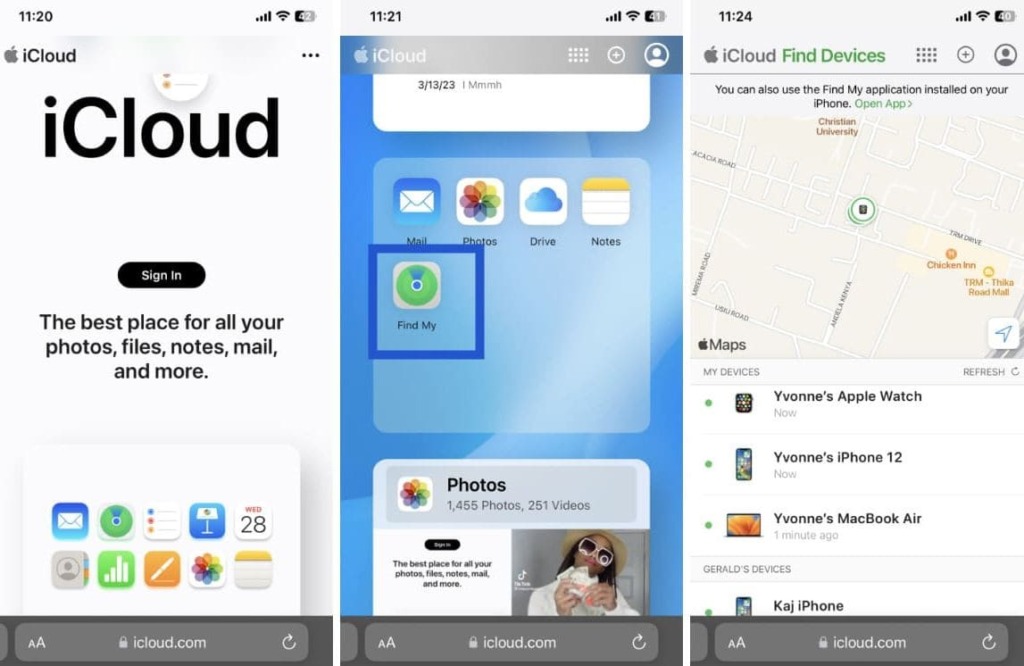 Steps on screenshot how to find a lost iPhone using iCloud.com