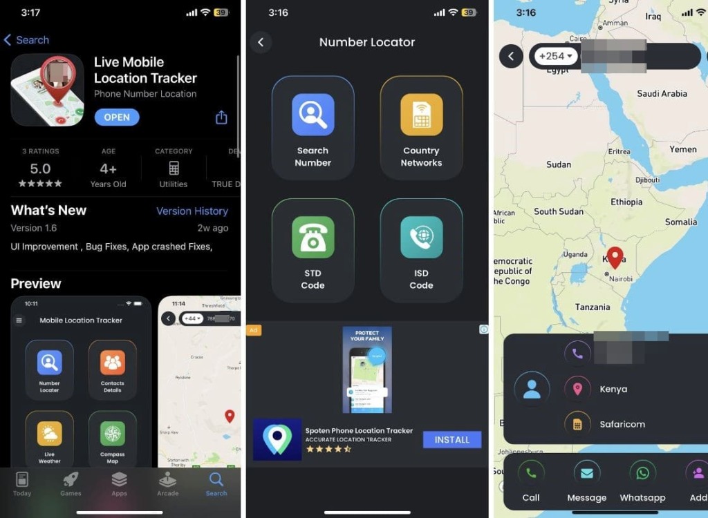 Three screenshots of LiveMobile Location Tracker installation and map marker