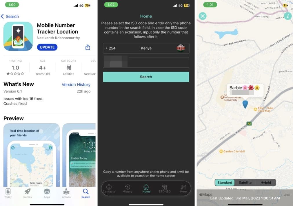 Three screenshots of Mobile Number Tracker Location installation by Neelkanth Krishnamurthy and a mark on the map