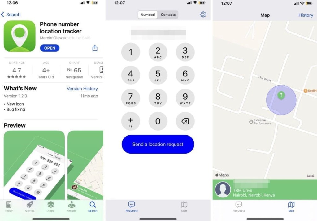 Three screenshots of the installation of Phone number location tracker by Marcin Olawski and a mark on the map