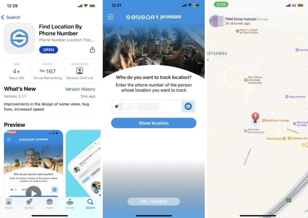 Three screenshots of the Sensory-Find Location By Phone Number installation and mark on the map