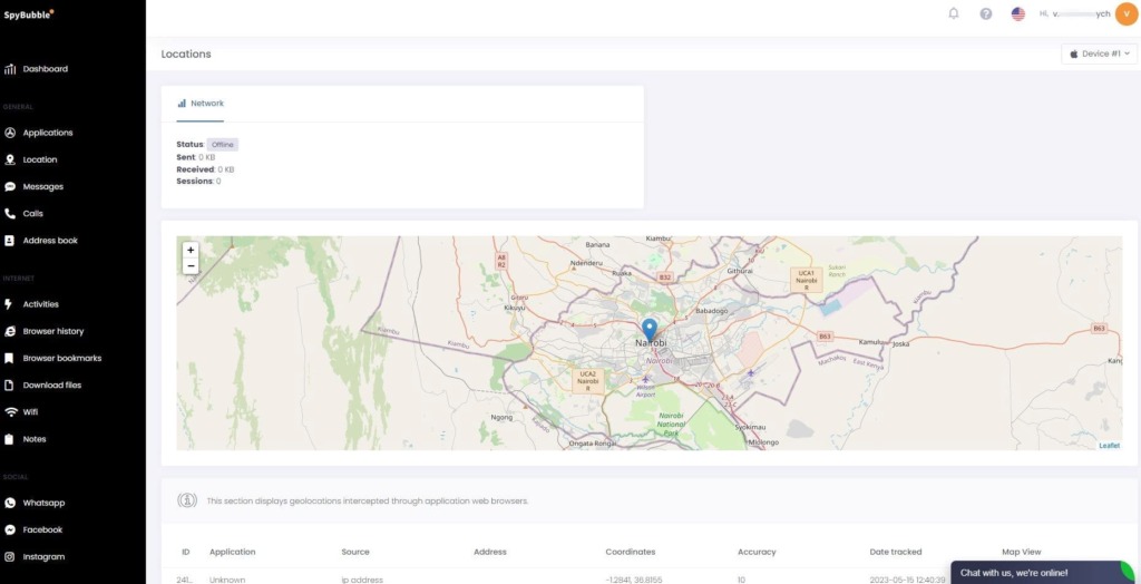 Dashboard of SpyBubblePro web service with map for location tracking