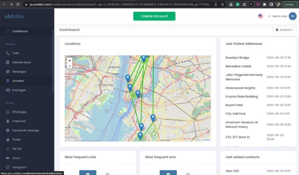 Dashboard of uMobix web service with location tracking feature
