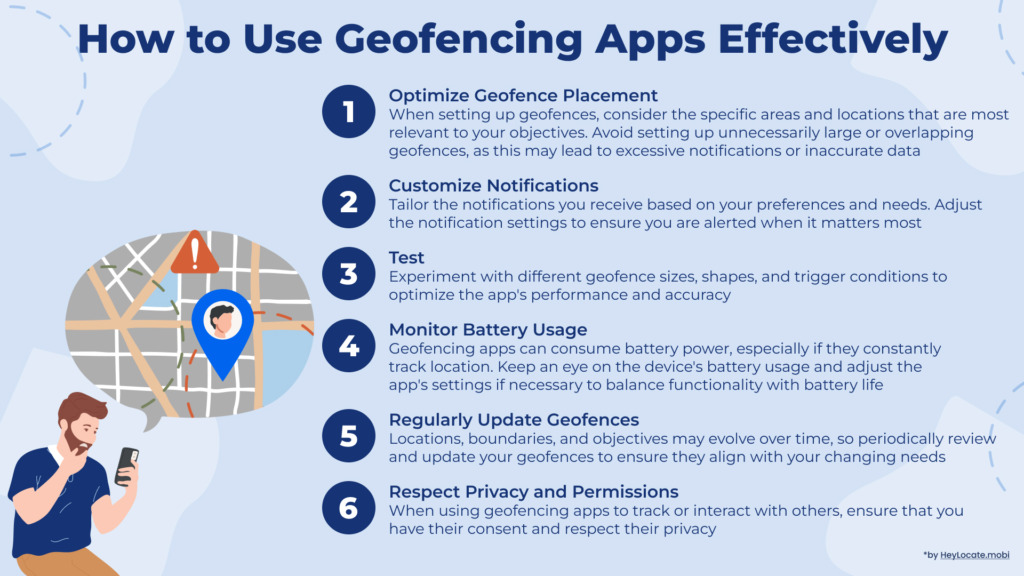 List of tips how to use apps for geofence effectively - HeyLocate Infographics