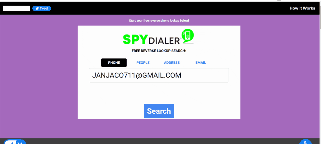 results of searching email with Spy Dialer