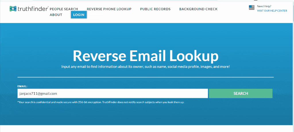results of doing reverse email lookup on TruthFinder