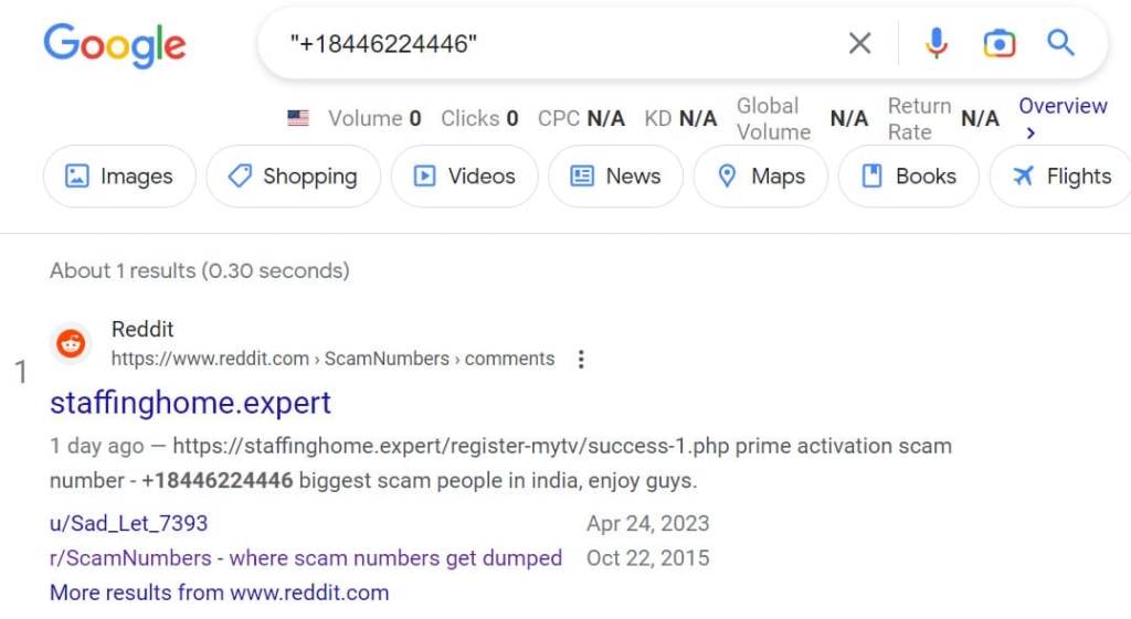 searching for a number on Google