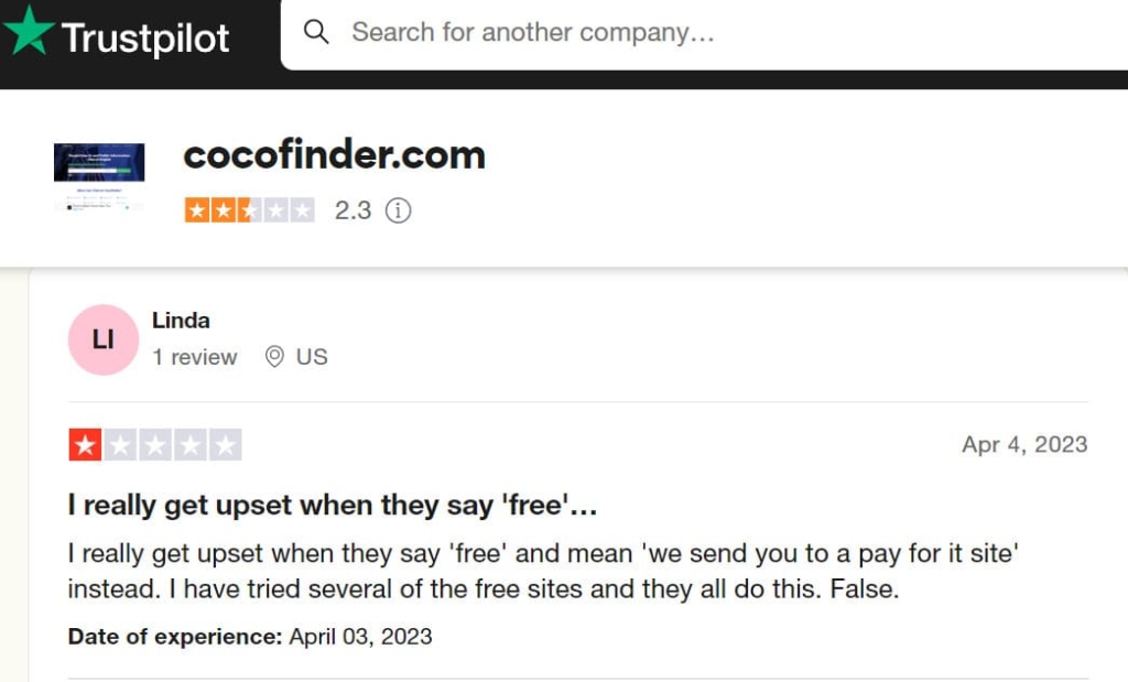 A customer complaint about Cocofinder on Trustpilot