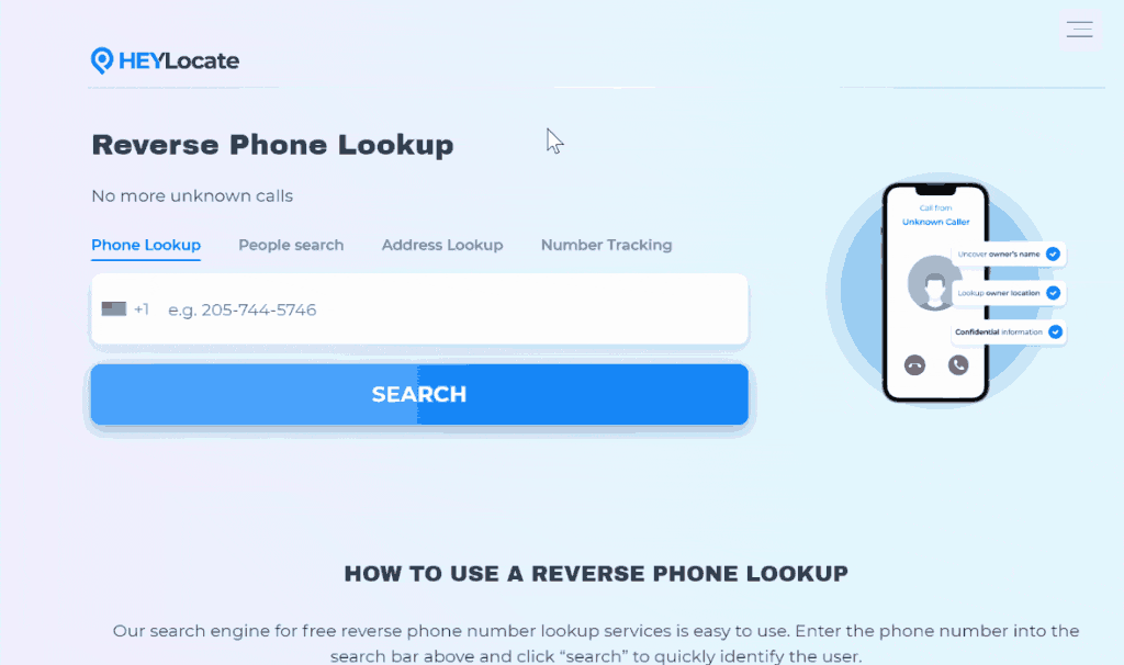 How to use HeyLocate.mobi search of reverse phone lookup services