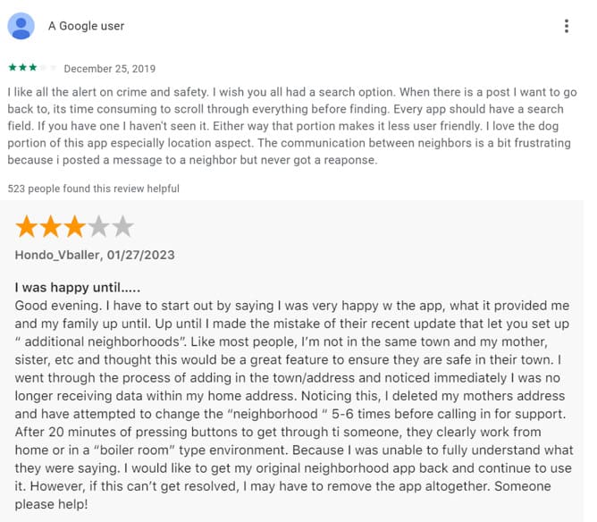 positive and negative review of Neighbors app