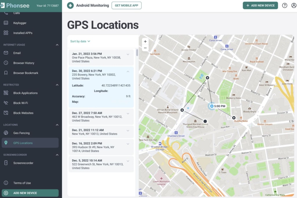 How Phonsee app stores location history on the dashboard