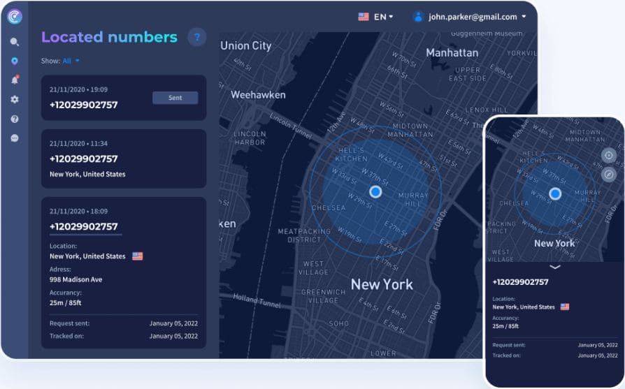 Screenshot of the Scannero.io application with phone location information