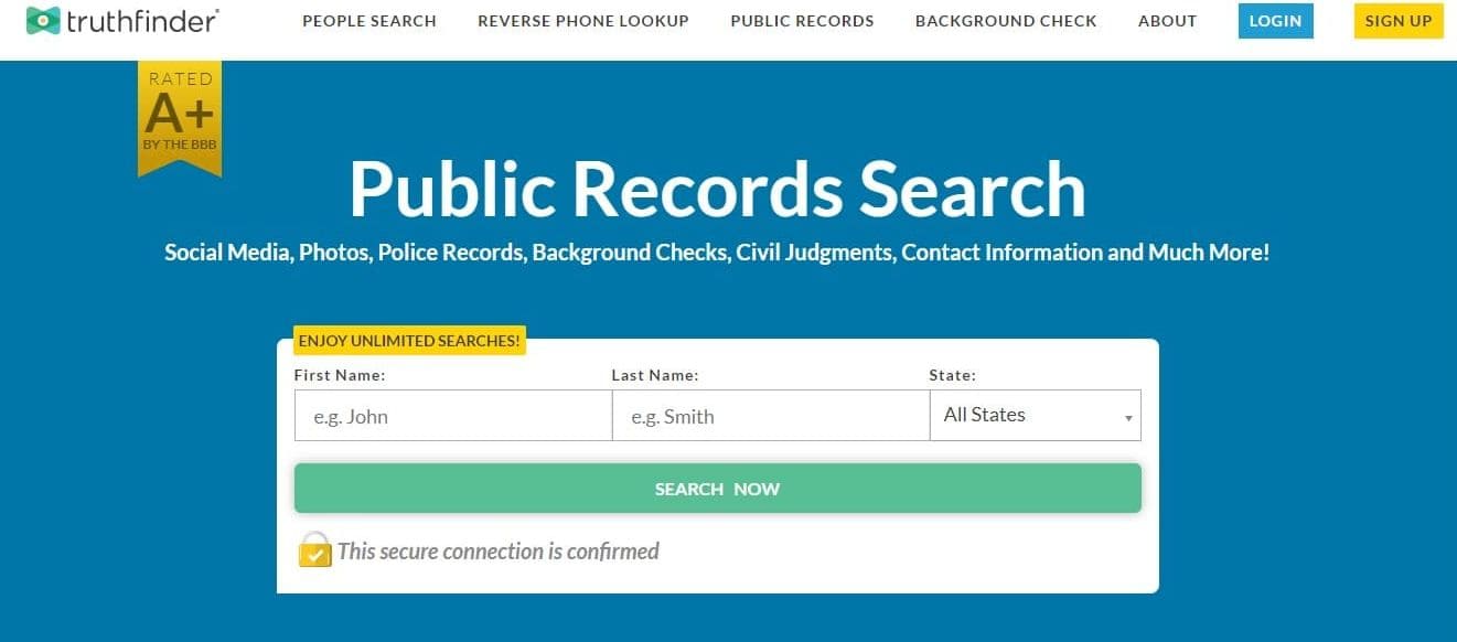 A screenshot of the TruthFinder home page, where you can search for a person by phone number, email, address or name