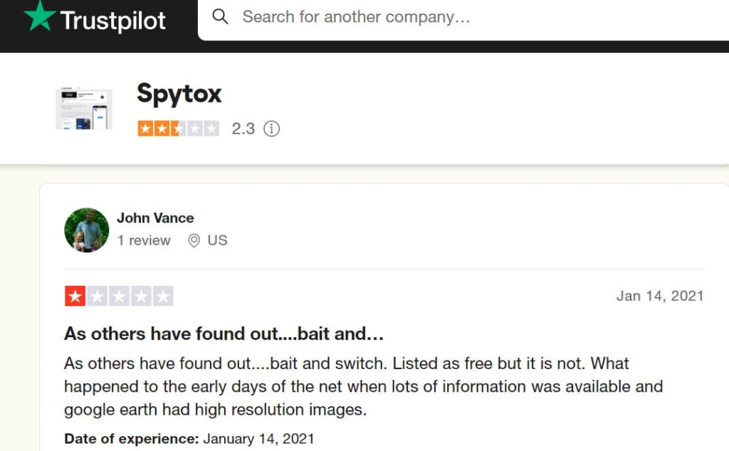 A complaint about Spytox on Trustpilot