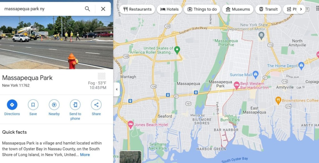 Google maps showing results for Massapequa park, NY