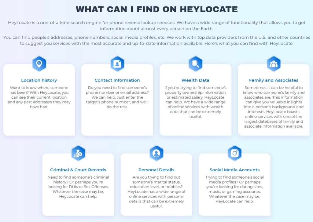 What information you can get with HeyLocate search engine