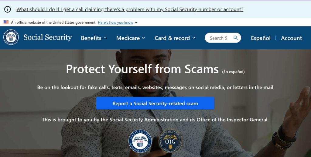 Screenshot of the main page of the Social Security Administration
