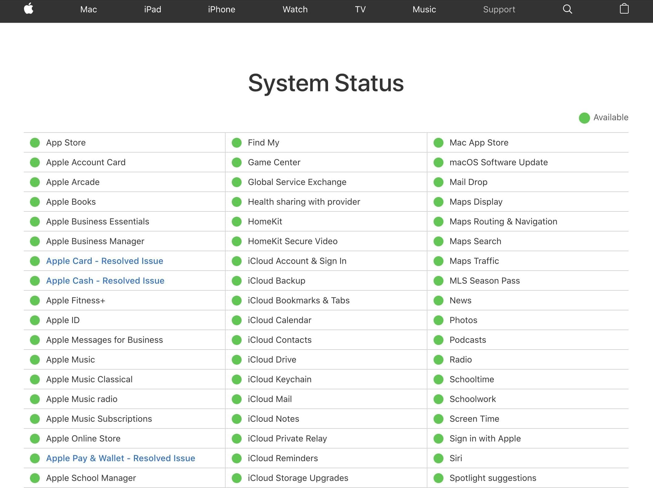 Apple System Status page 