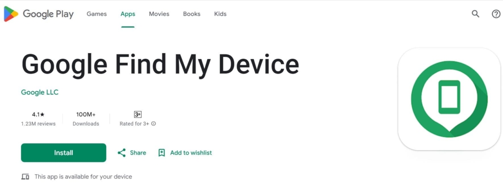 The Find My Device app page in the Google Play Store
