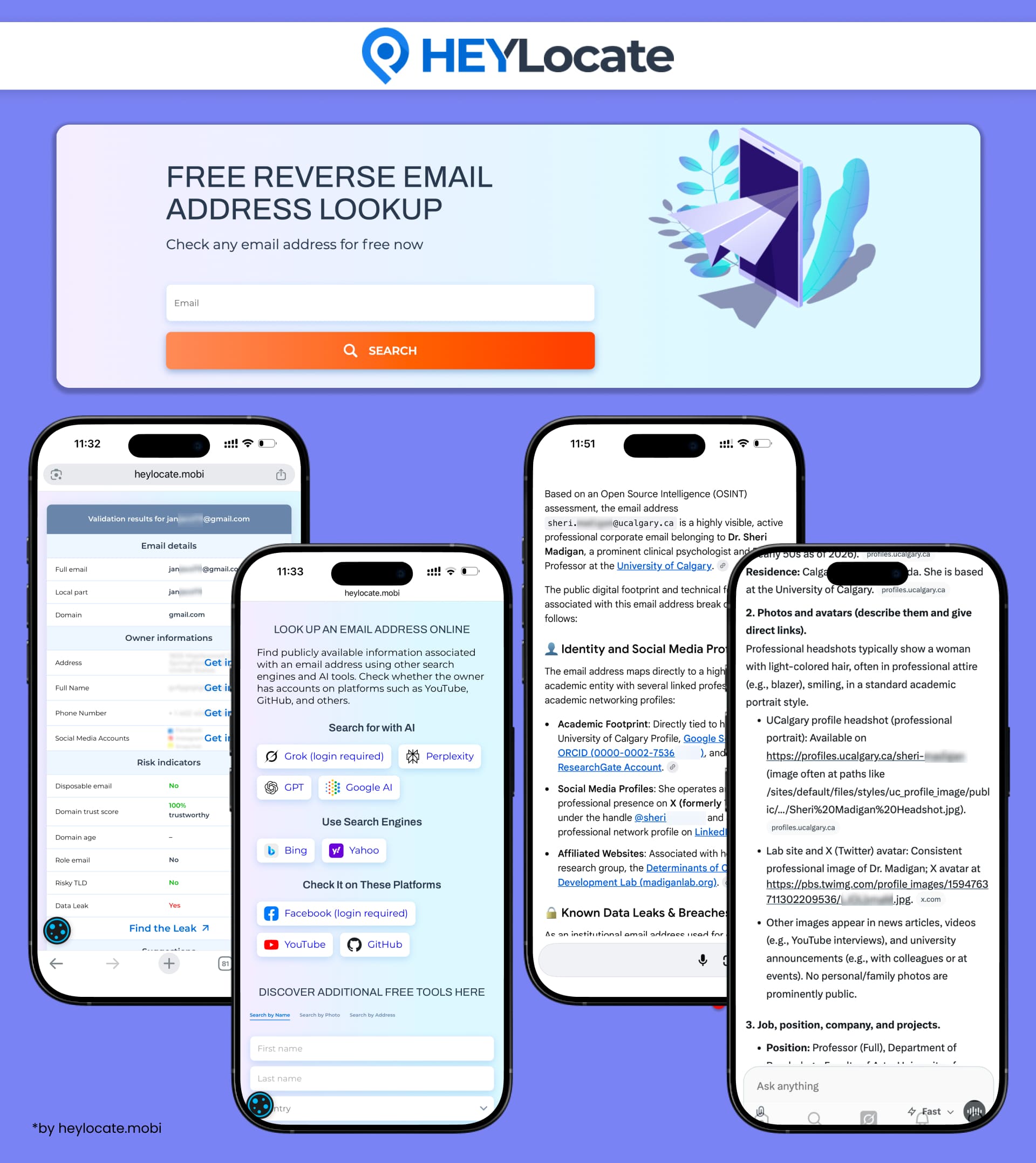 HeyLocate’s free reverse email lookup checks an email address, shows validation and risk details, and offers AI and search engine options for deeper OSINT research.