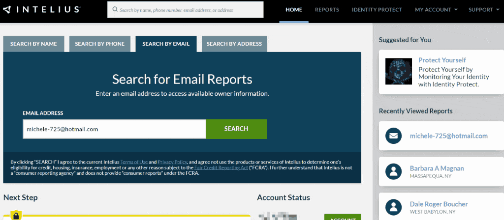 screenshot of Intelius results of reverse email lookup