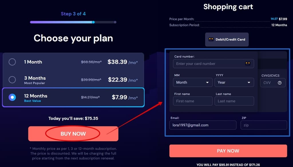 choice of a tariff plan and payment by card details