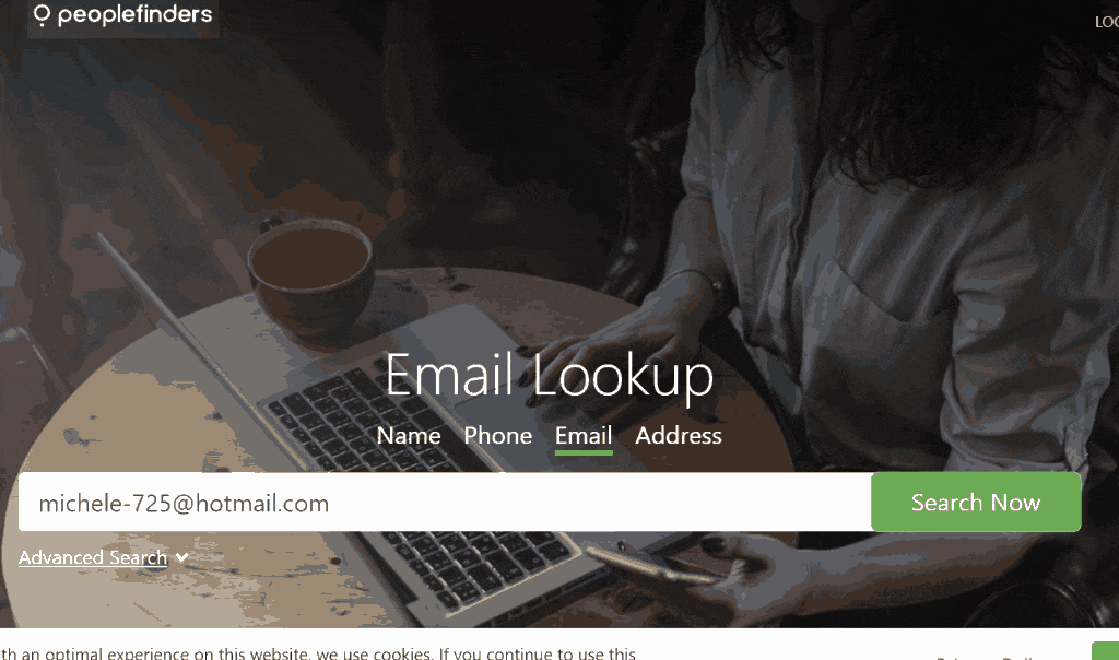 a gif of PeopleFinders doing a reverse email lookup