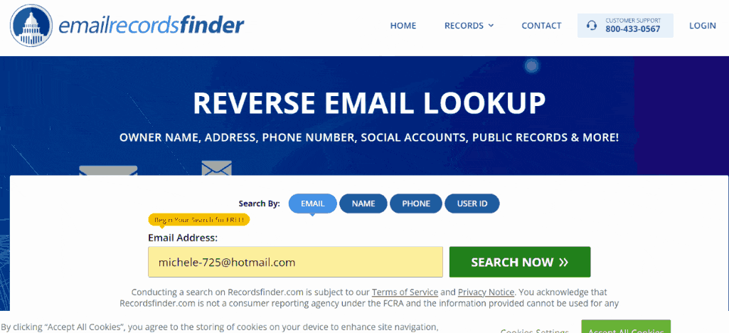 a gif of RecordsFinder doing a reverse email lookup