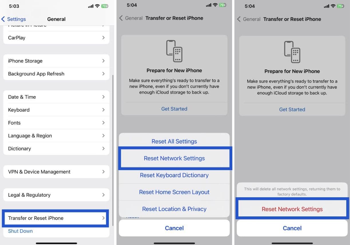 Steps to reset Network Settings on iPhone