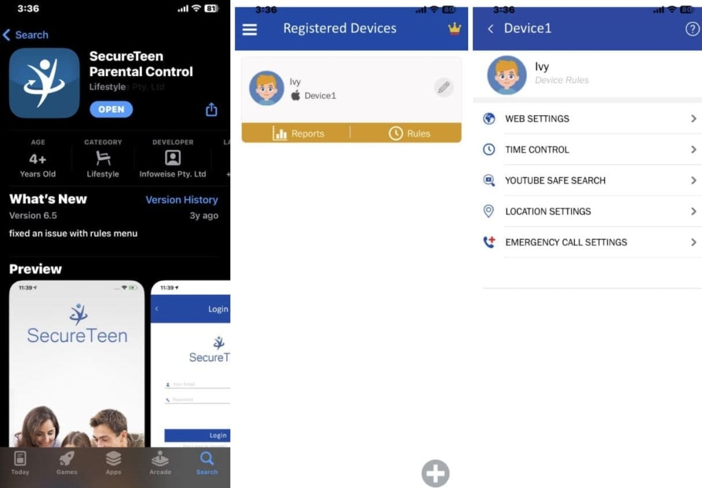 Three screenshots of SecureTeen app installation and configuration