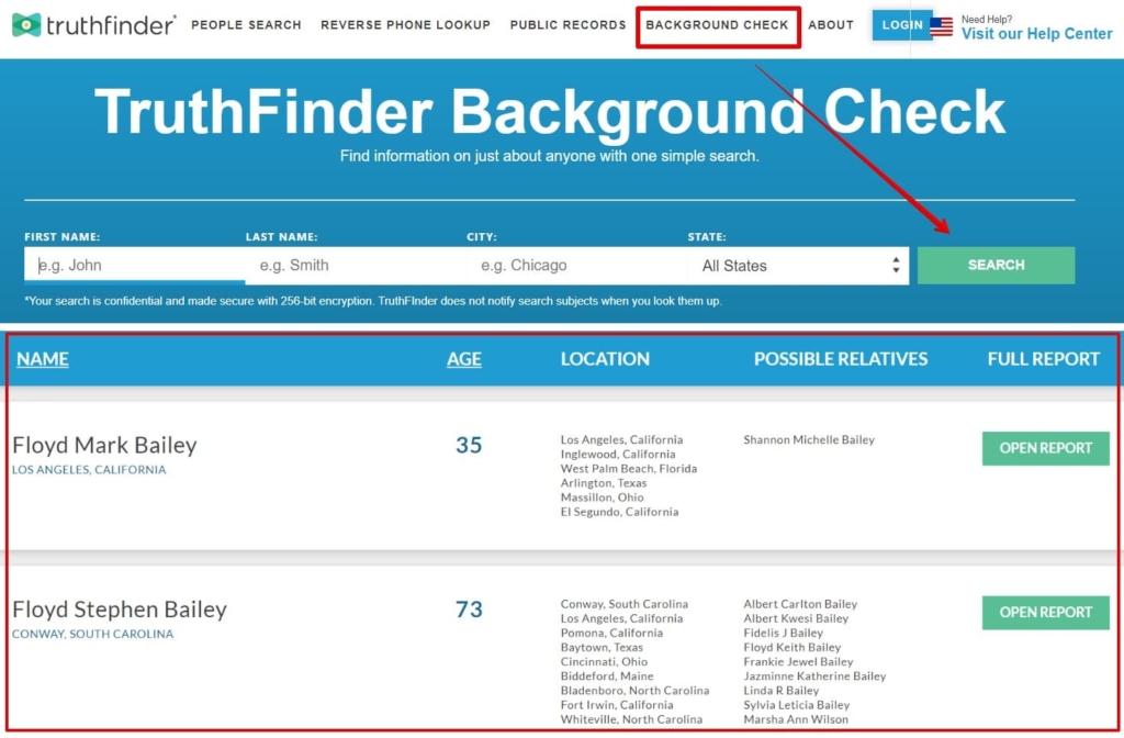 what you get after clicking on background check on Truthfinder