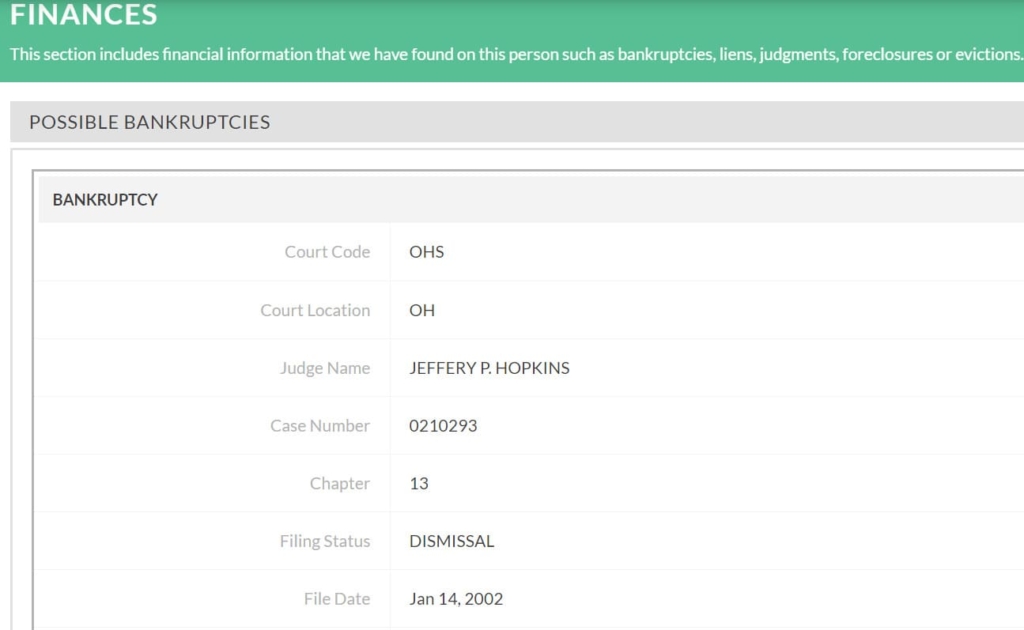 Truthfinder showing possible bankruptcies