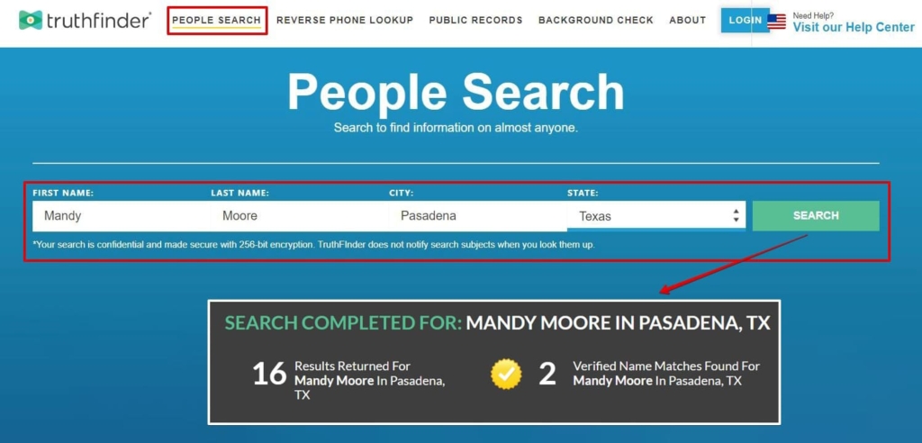 Truthfinder's search bar for people finder and the results