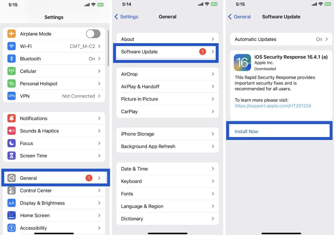 Settings steps to update iPhone to the latest iOS version