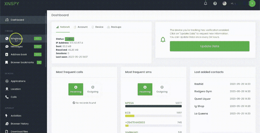 XNSPY dashboard with calls & message monitoring and browser history viewing