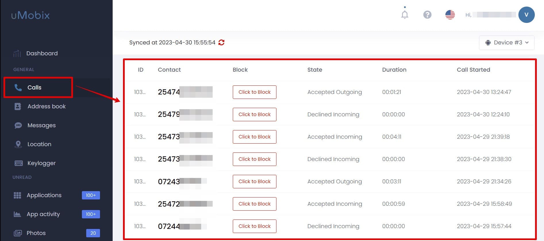 uMobix showing call logs on its dashboard