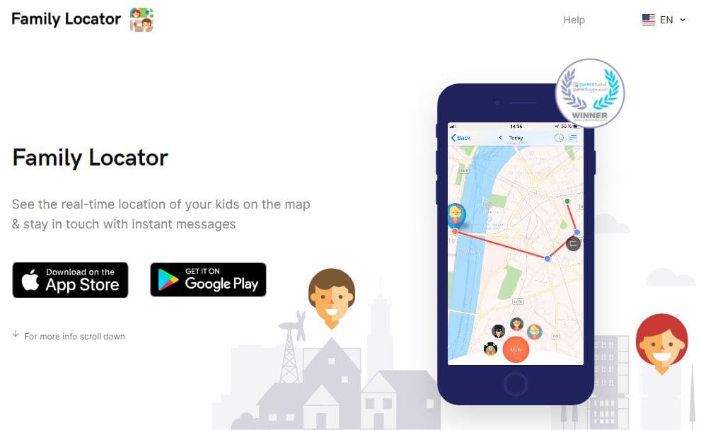 Family Locator site view with buttons for mobile applications