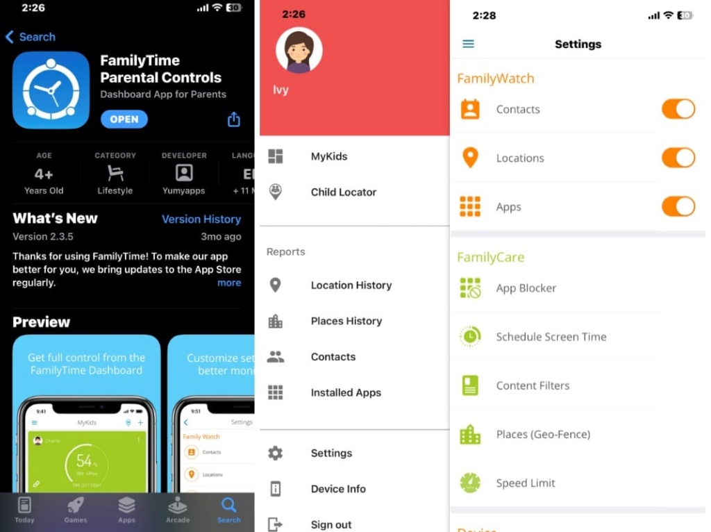 Three screenshots of FamilyTime app settings