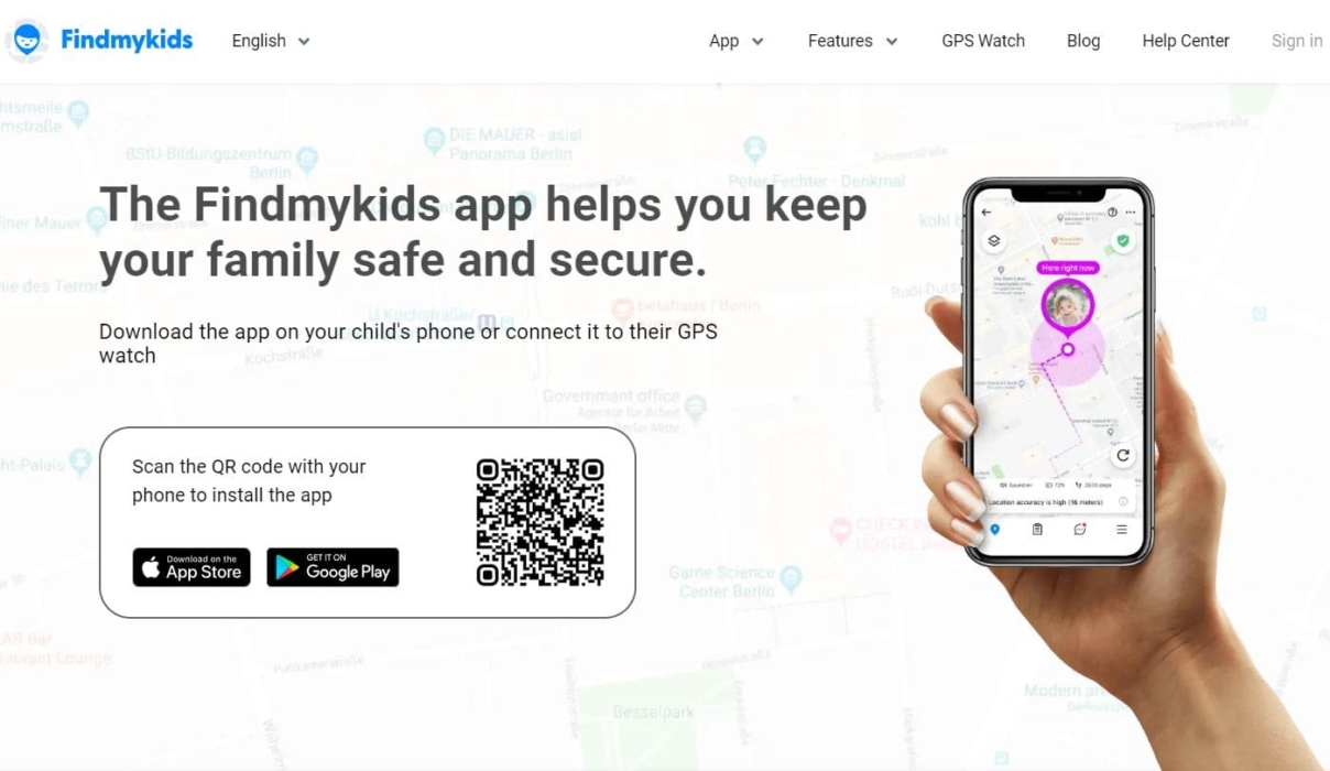 view of find my kids site with menu and qr code for site installation